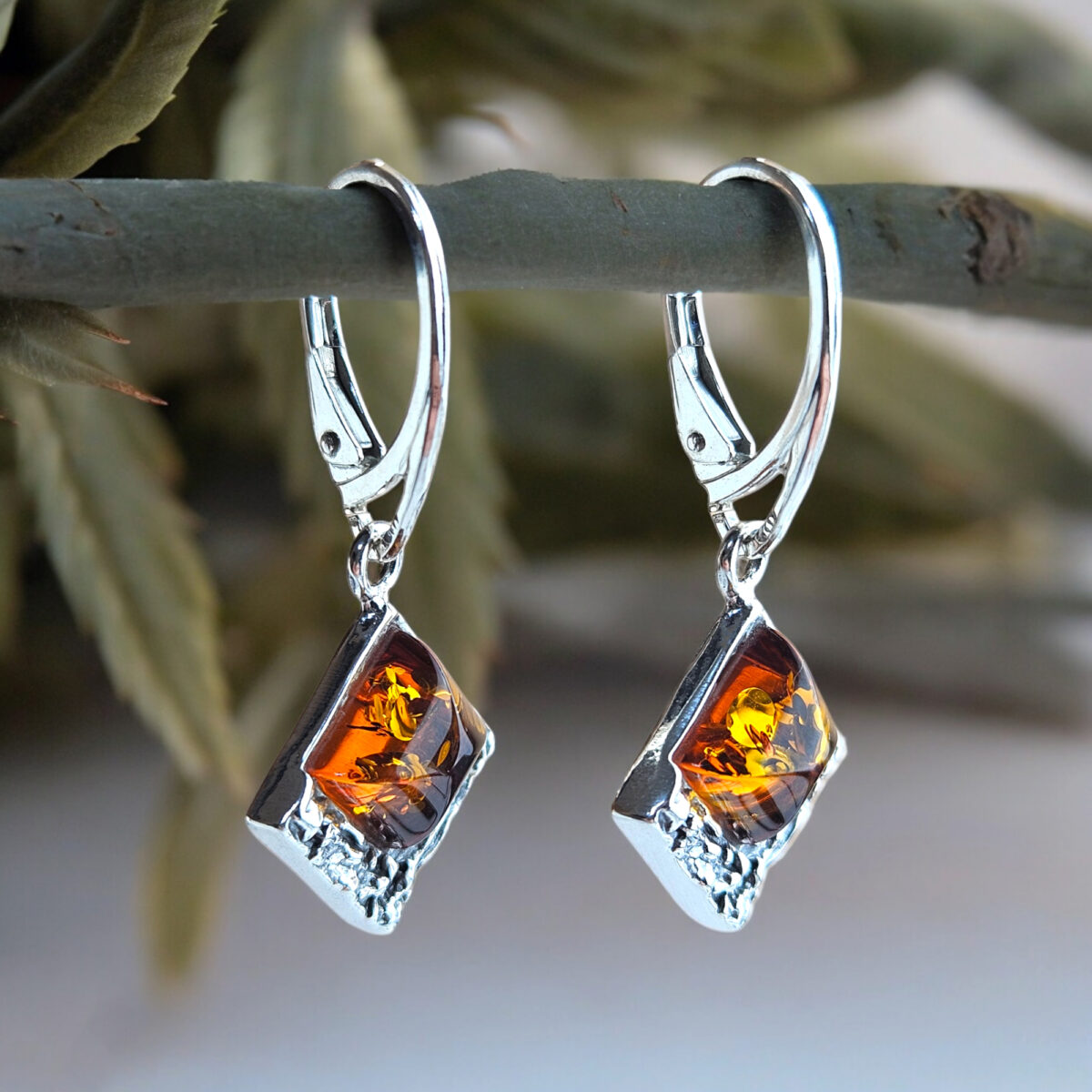 Carved Silver Amber Drop Earrings - Image 3