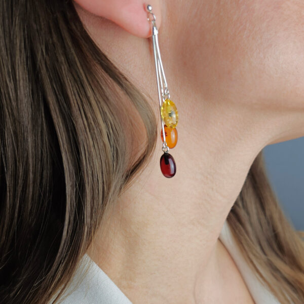 Natural Baltic Amber Silver Long Swing Earrings, Dainty Gemstone Drop Small Olive Gift Women, Multicolor Crystal Dangle Large Long Earrings