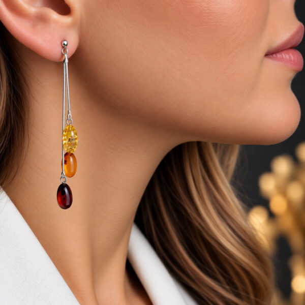 Natural Baltic Amber Silver Long Swing Earrings, Dainty Gemstone Drop Small Olive Gift Women, Multicolor Crystal Dangle Large Long Earrings