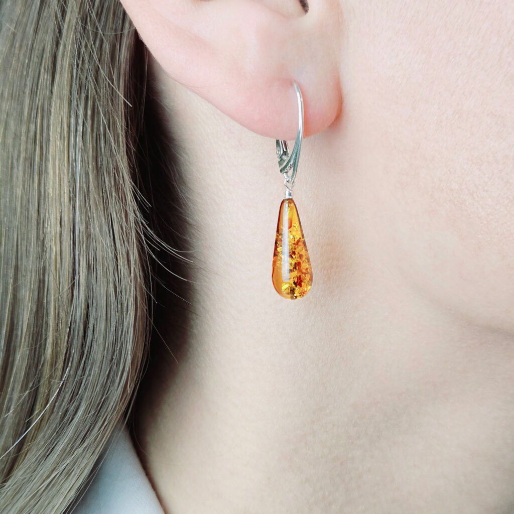 Everyday Natural Real Baltic Amber Earrings Tiny Teardrop Small Gemstone Drop Dangle Classic Silver Jewelry Gift Women