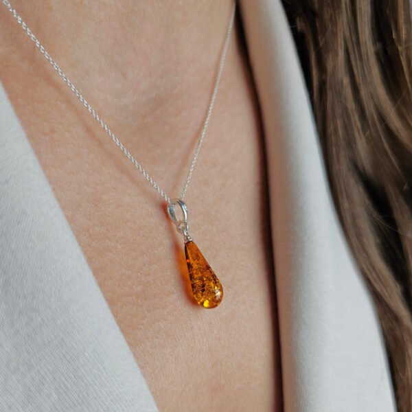 Classic Teardrop Natural Dainty Honey Baltic Amber Pendant Necklace Silver, Tiny Gemstone Drop Gift Women, Small Amber Gold Jewelry Charm