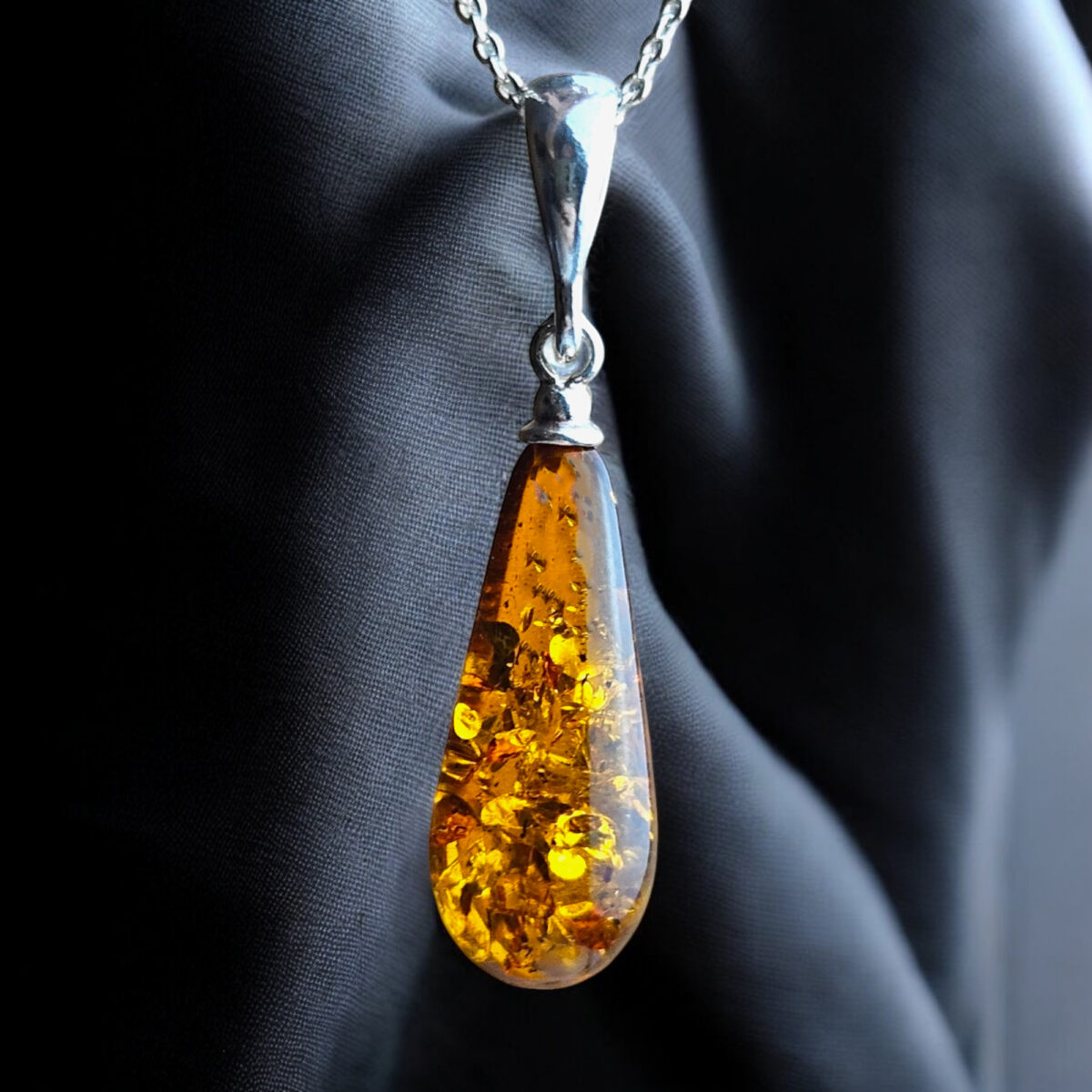 Dainty Amber Silver Teardrop Pendant - Image 1