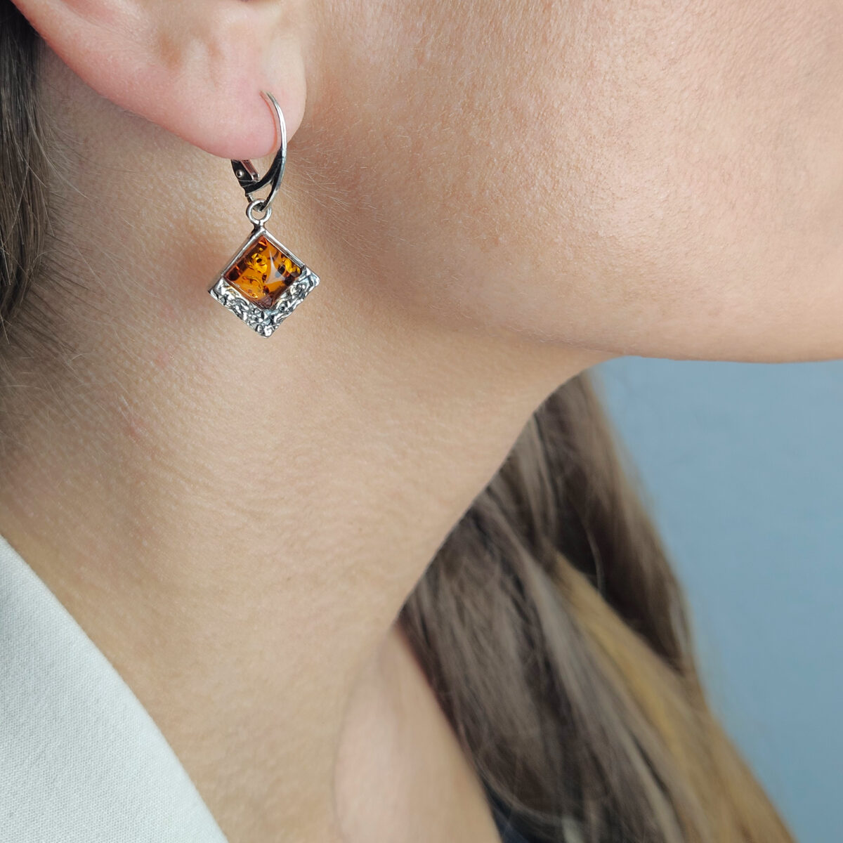 Carved Silver Amber Drop Earrings - Image 2