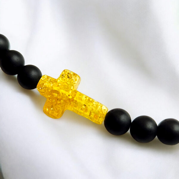 Black-Elastic-Cross-Crucifix-Bracelet-for-Men-Women-Small-Dainty-Round-Lemon-Baltic-Amber-Beads-Gift-UK-Ireland