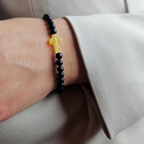Black Baltic Amber Elastic Small Dainty Bracelet with Cross Crucifix