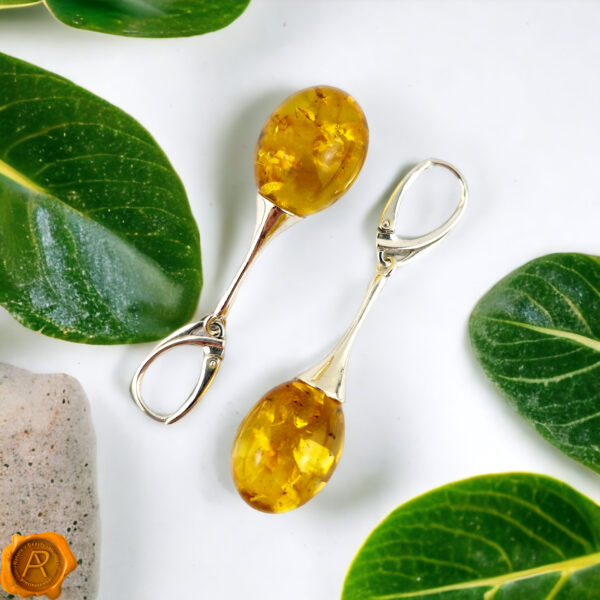 Large Baltic Amber Sterling Silver Drop Dangle Teardrop Gift Earrings Women | Chunky Large Honey Olive Gemstone Long Teardrop Gift Earrings