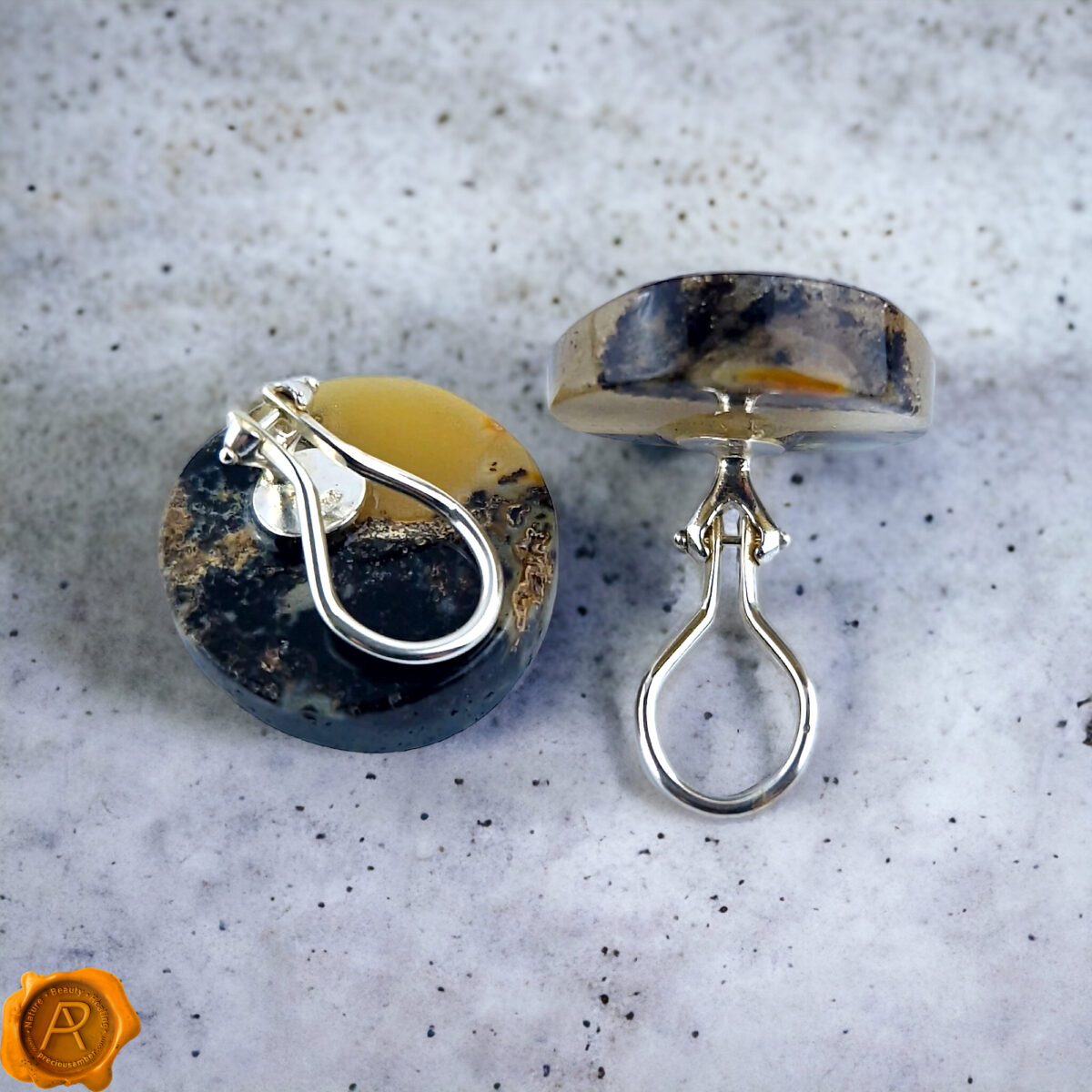 Clip On Marble Amber Silver Earrings - Image 4