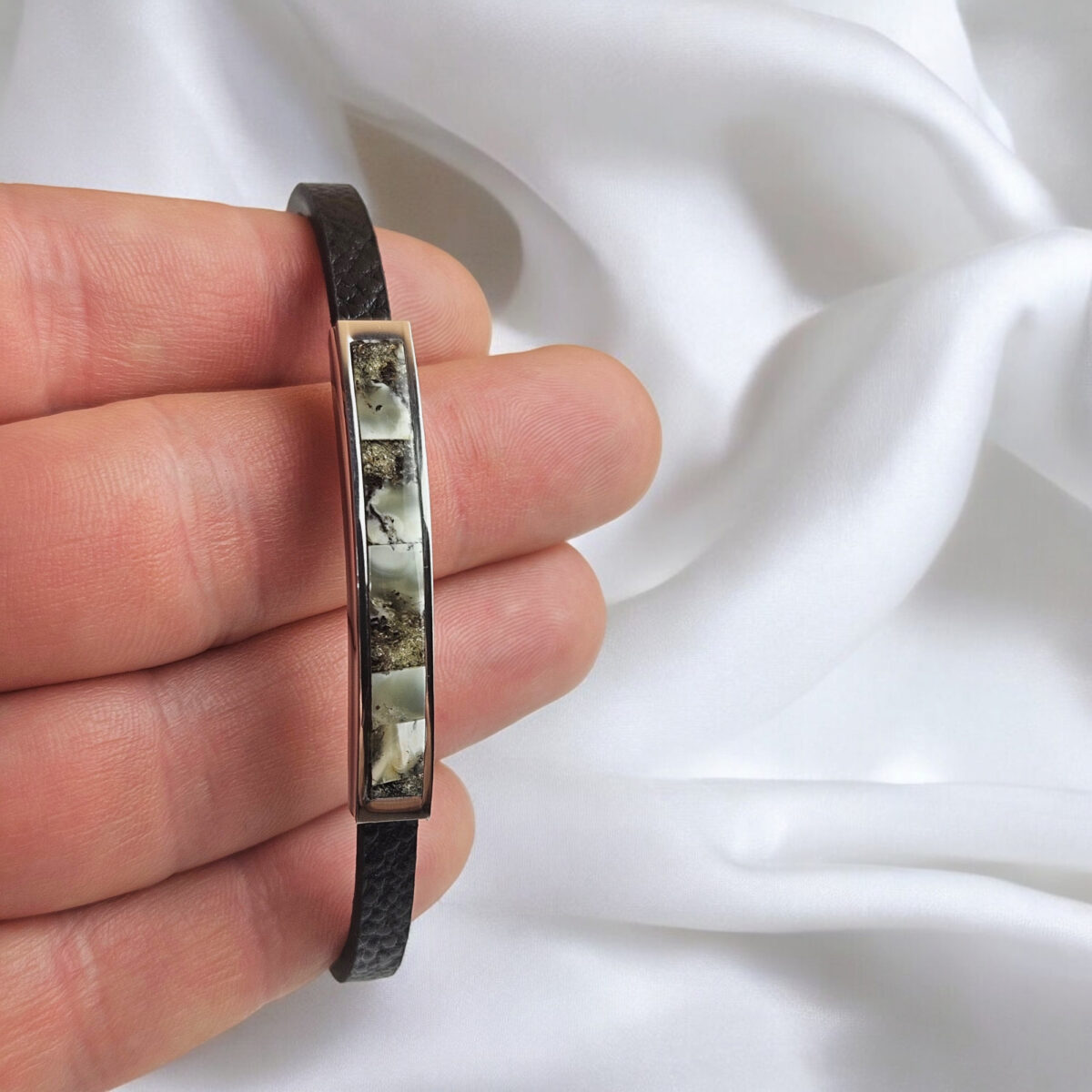 Natural Baltic Amber Leather Gemstone Cuff Bracelet Gift for Men, Black Leather Stack Bracelet for Him, Leather Bracelets Women