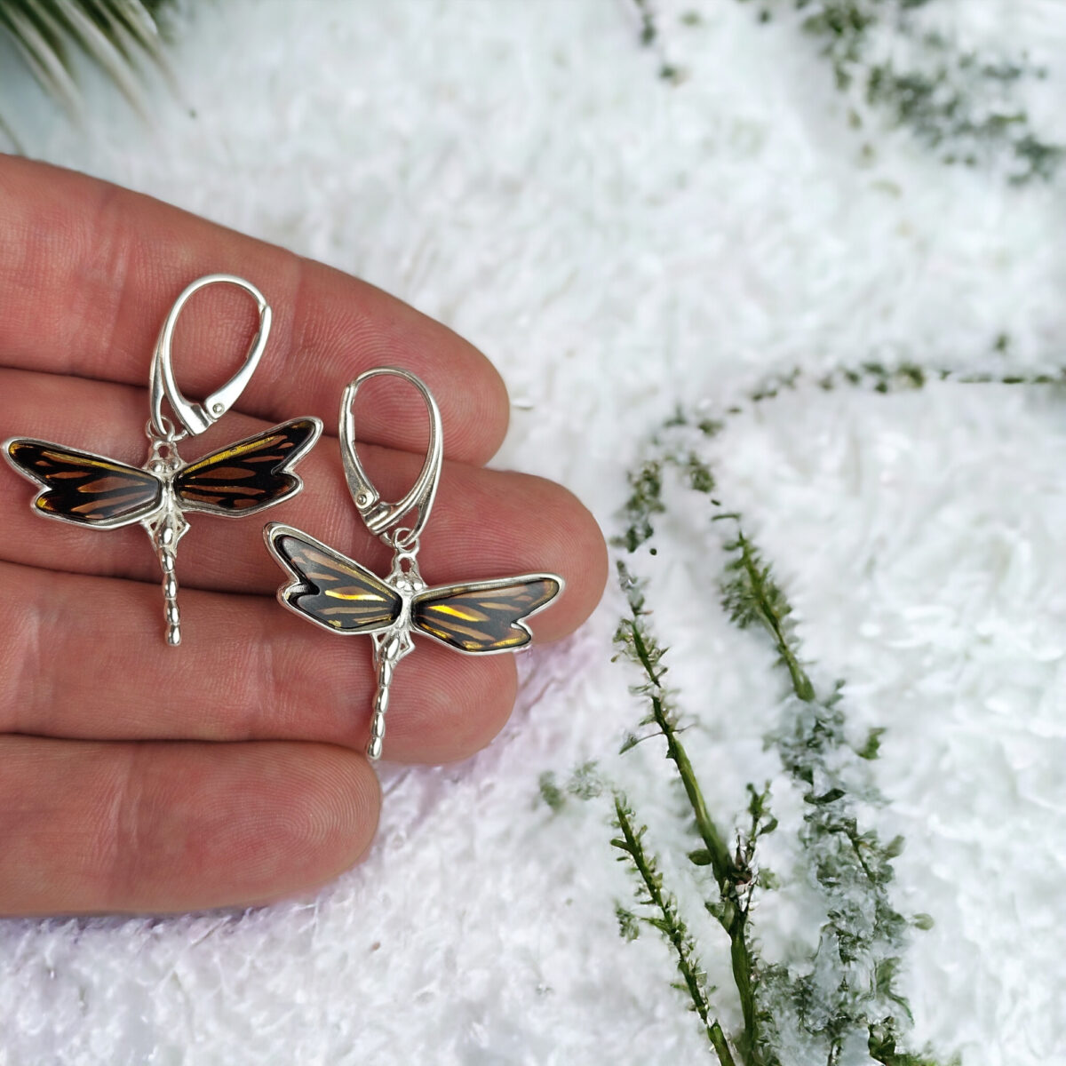 Dragonfly Gemstone Baltic Amber Silver Earrings, Teardrop Dragonflies Lover Gifts, Butterfly Moth Large Amber Drop Jewelry Women