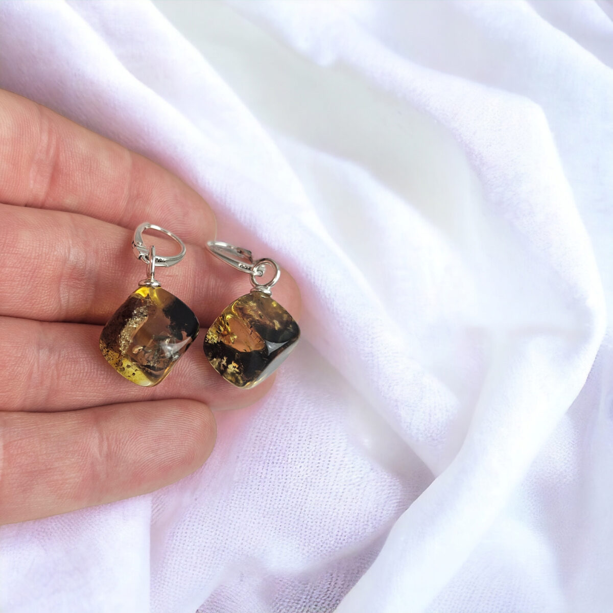 Green Amber Cube Silver Earrings - Image 3