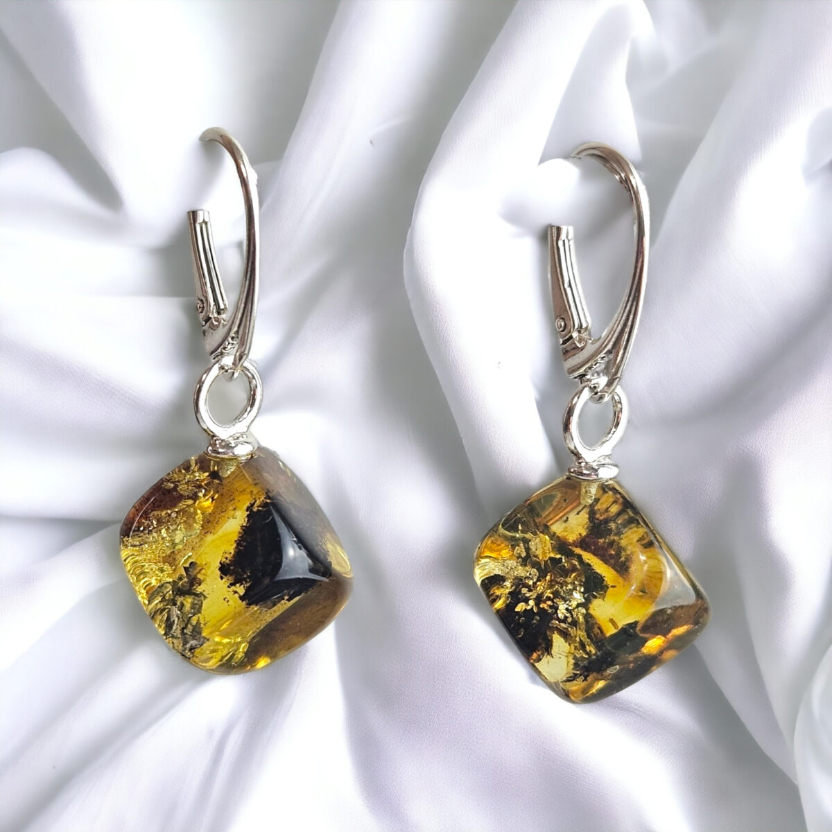 INCLUSION Green Gemstone Baltic Amber Sterling Silver Earrings Women, Teardrop Dice Natural Amber Chunky Drop Earring Gift, Earthy Jewelry
