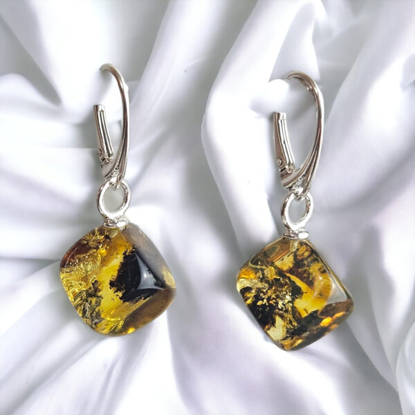 INCLUSION Green Gemstone Baltic Amber Sterling Silver Earrings Women, Teardrop Dice Natural Amber Chunky Drop Earring Gift, Earthy Jewelry