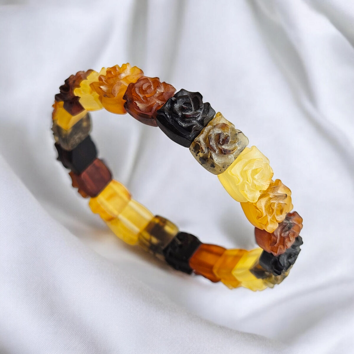 Carved Rose Multicolor Amber Bangle Bracelet - Image 3