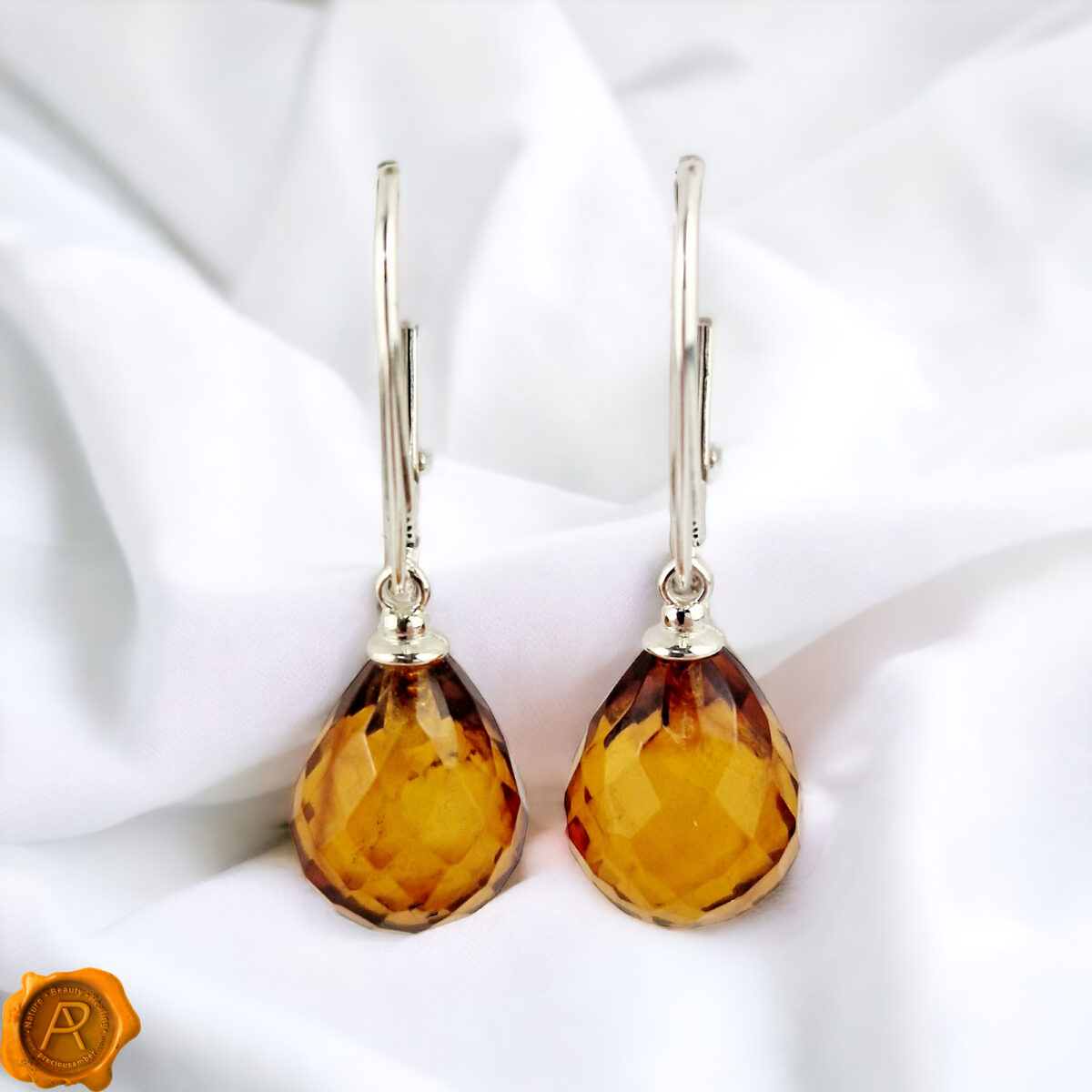 Faceted Amber Drop Silver Earrings - Image 5