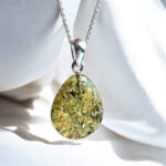 Natural Green Baltic Amber Gemstone Dainty Classic Teardrop Pendant Silver Drop Necklace, Small Real Amber Gold Jewelry Charm Gift for Women