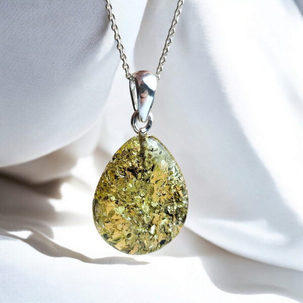 Natural Green Baltic Amber Gemstone Dainty Classic Teardrop Pendant Silver Drop Necklace, Small Real Amber Gold Jewelry Charm Gift for Women