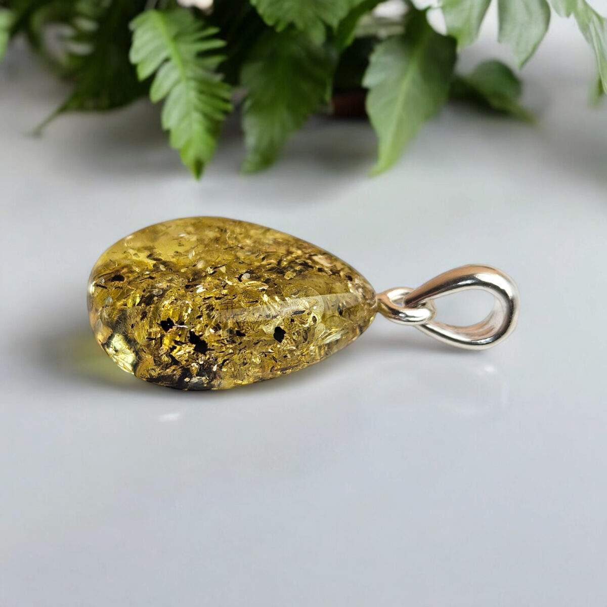 Dainty Green Amber Teardrop Pendant - Image 4