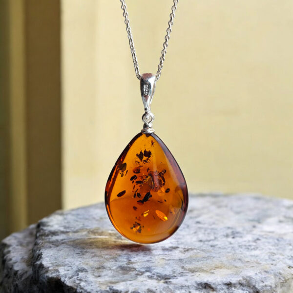 LARGE Natural Honey Amber Teardrop Pendant, Classic Drop Chunky Silver Real Amber Gemstone Gift, Big Baltic Amber Gold Jewellery Gifts Women