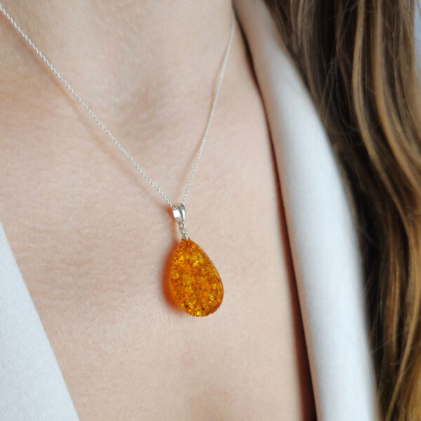 LARGE Drop Honey Amber Teardrop Pendant, Classic Chunky Silver Natural Real Amber Gemstone Gift, Big Baltic Amber Gold Jewellery Gifts Women
