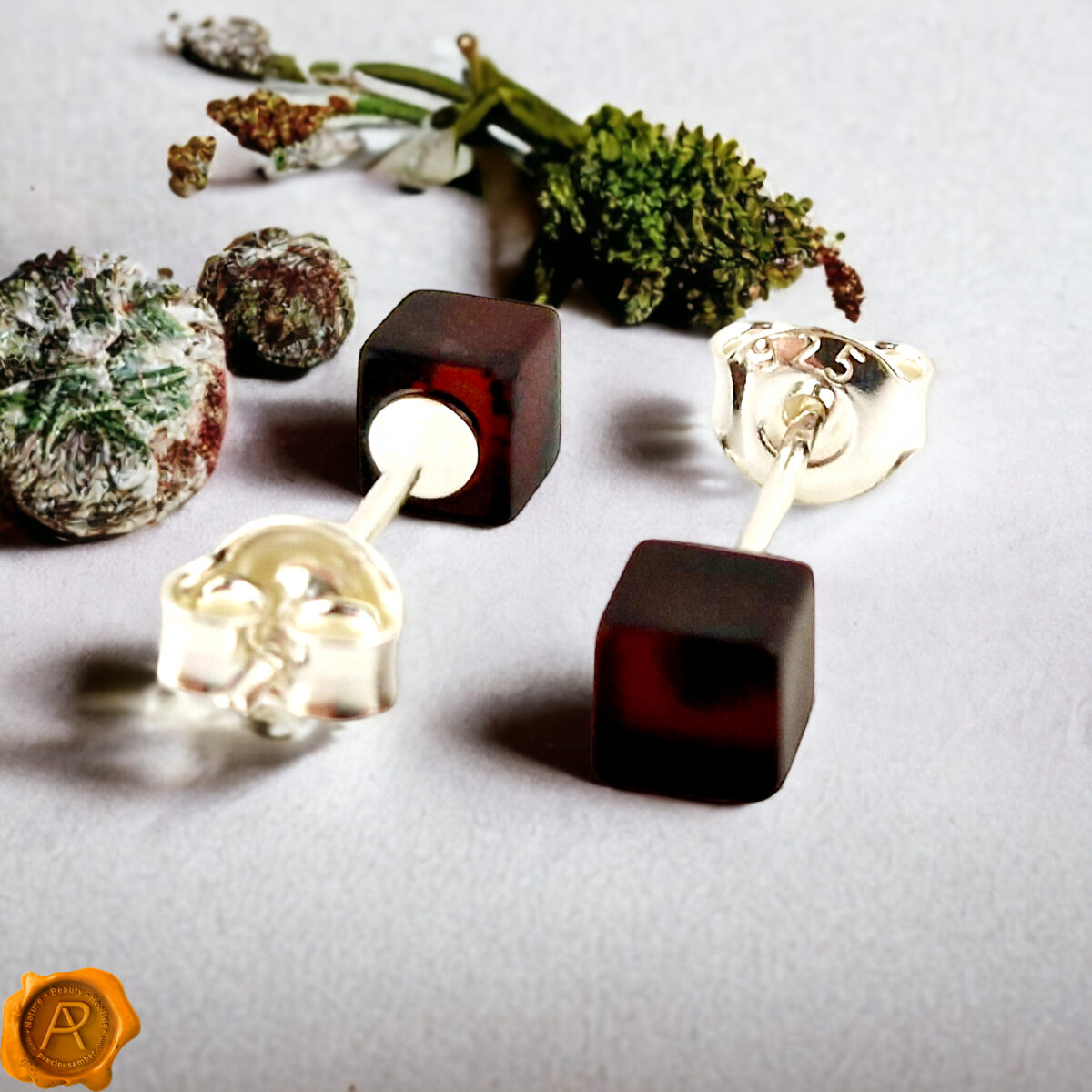 Cherry Black Baltic Amber Minimalist Dainty Stud Earrings Red Gemstone Silver Crystal Small Cube Geometric Earrings Gift Unisex Men Women