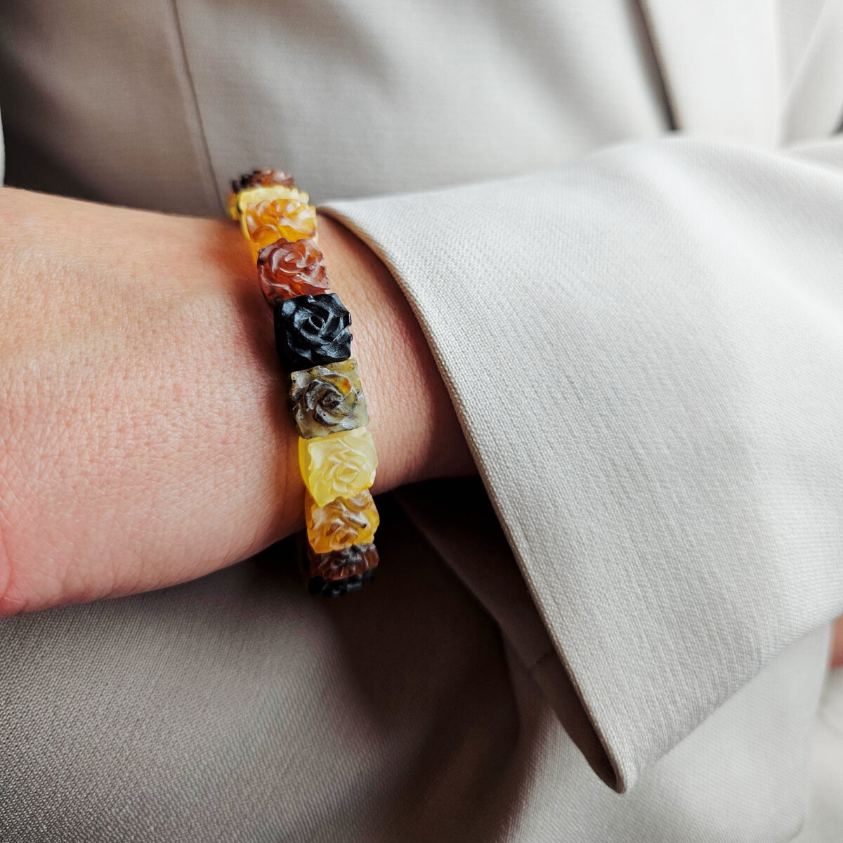 Carved Rose Multicolor Amber Bangle Bracelet - Image 2
