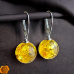 Baltic Amber Silver Lemon Drop Dangle Teardrop Earrings Gift for Women, Round Large Gemstone Sphere Ball Natural Amber Jewelry