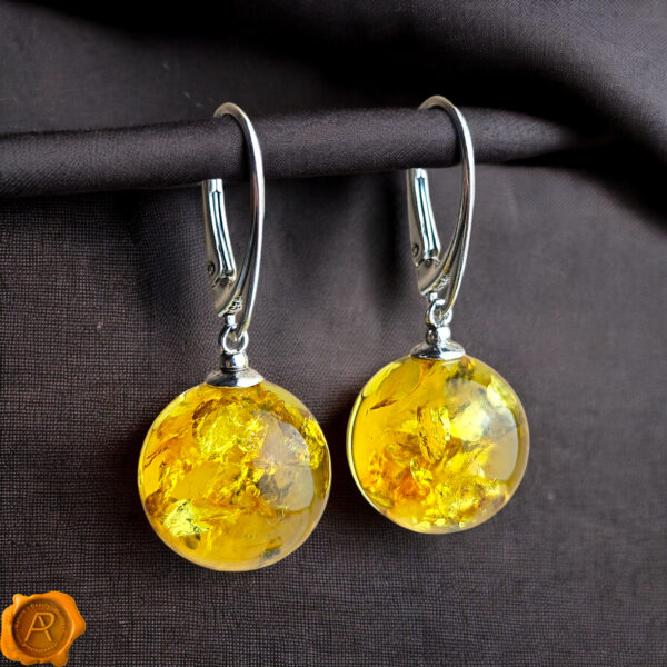 Baltic Amber Silver Lemon Drop Dangle Teardrop Earrings Gift for Women, Round Large Gemstone Sphere Ball Natural Amber Jewelry