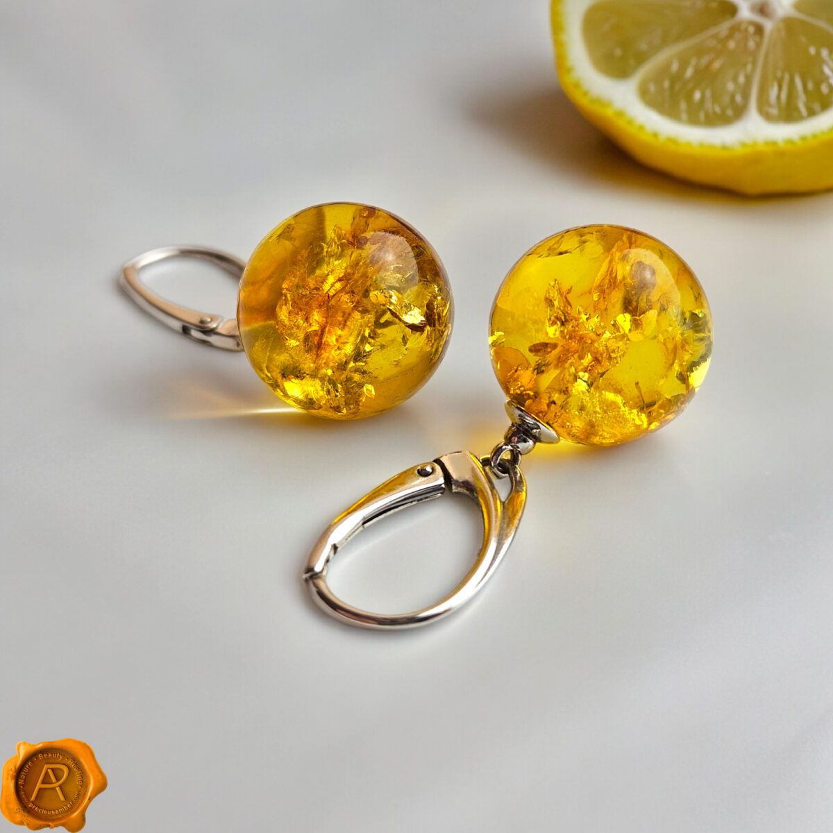 Lemon Amber Sphere Earrings - Image 2