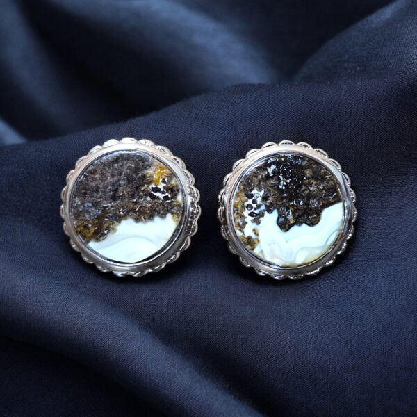 Round Gemstone Cufflinks Marble White Baltic Amber Silver Gift for Men Boyfriend Women | Unisex Executive Gifts for Groom Father Dad