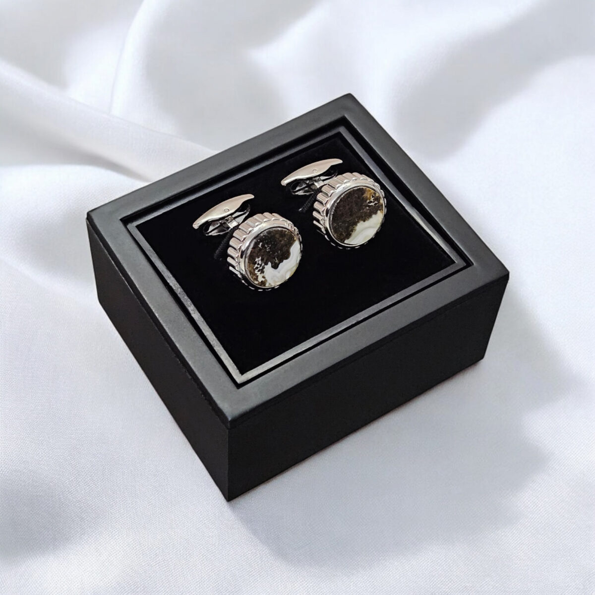 Round-Luxury-Gemstone-Baltic-Amber-Unisex-Silver-Gold-Cufflinks-Executive-Gift-for-Men-Women-Father-Dad-Groom-Boyfriend-UK-Ireland Rare Marble Amber Cufflinks - Image 3