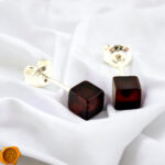 Cherry Black Baltic Amber Minimalist Dainty Stud Earrings Red Gemstone Silver Crystal Small Cube Geometric Earrings Gift Unisex Men Women