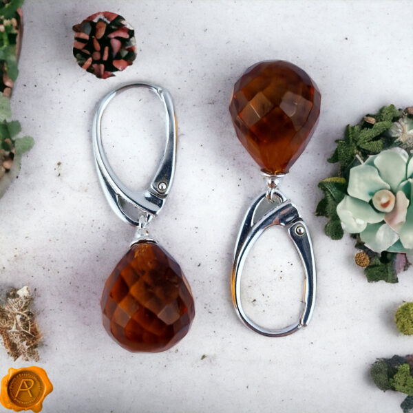 Natural Baltic Amber Earrings Faceted Silver Amber Teardrop Earrings | Gemstone Dainty Teardrop Amber Jewelry Gift | Amber Tear Drop