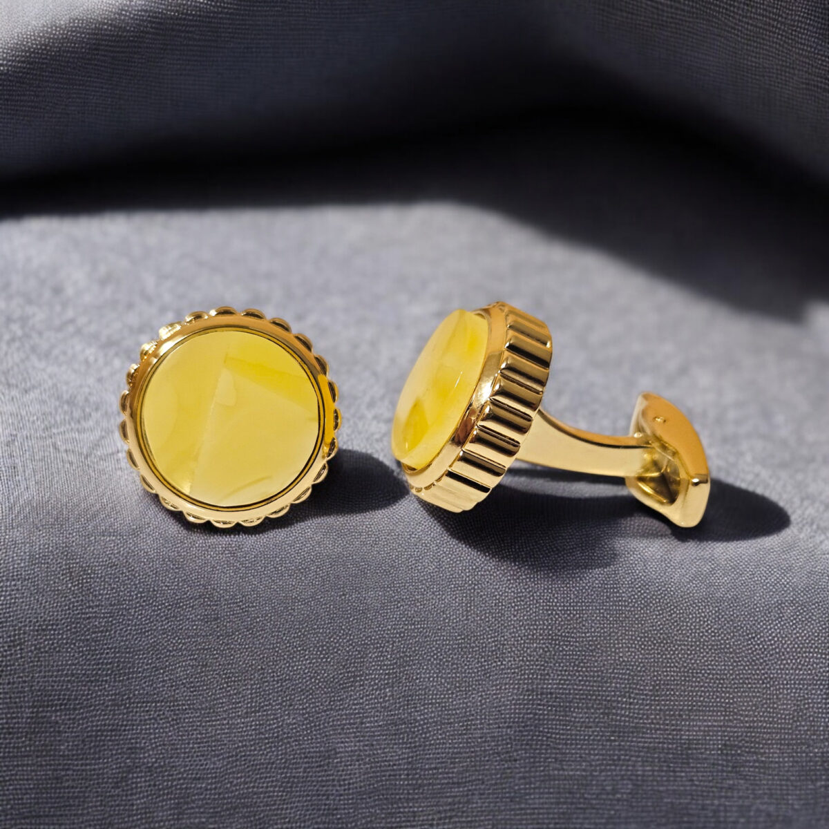 Yellow-Baltic-Amber-Unisex-Gemstone-Gold-Cufflinks-Gift-for-Men-Women-Boyfriend-UK-Ireland Round Gemstone Cufflinks Yellow Baltic Amber Butterscotch Gold Gift for Men Boyfriend Women | Unisex Amber Cufflinks for Groom Father Dad