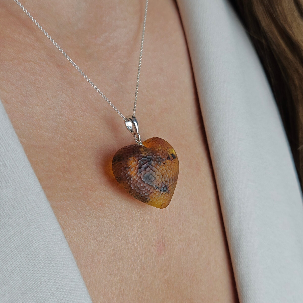 Large-Baltic-Amber-Gemstone-Heart-Pendant-Necklace-Silver-Natural-Real-Amber-Drop-Teardrop-Gemstone-Heart-Jewellery-Gift-Women Carved Amber Heart Pendant - Image 3