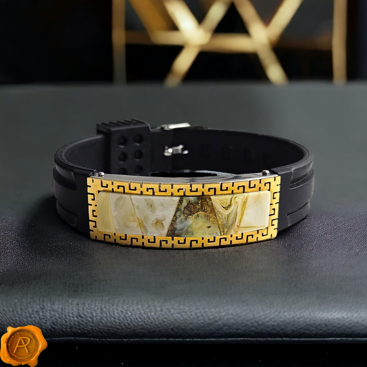 ADJUSTABLE Large Wrist Natural Baltic Amber Gemstone Bracelet Jewelry Gift Men Women, Luxury Marble Black Cuff Unisex Bracelets Silver Gold