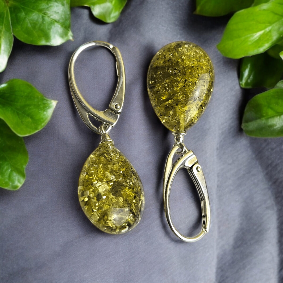 Classic Green Amber Teardrop Earrings - Image 3