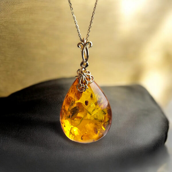 Luxury Natural Baltic Amber Teardrop Pendant Gold Necklace Gift Women, Large Honey Amber Gemstone Gold Jewelry, Chunky Drop Charm Pendants
