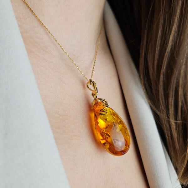 Luxury Natural Baltic Amber Teardrop Pendant Gold Necklace Gift Women, Large Honey Amber Gemstone Gold Jewelry, Chunky Drop Charm Pendants