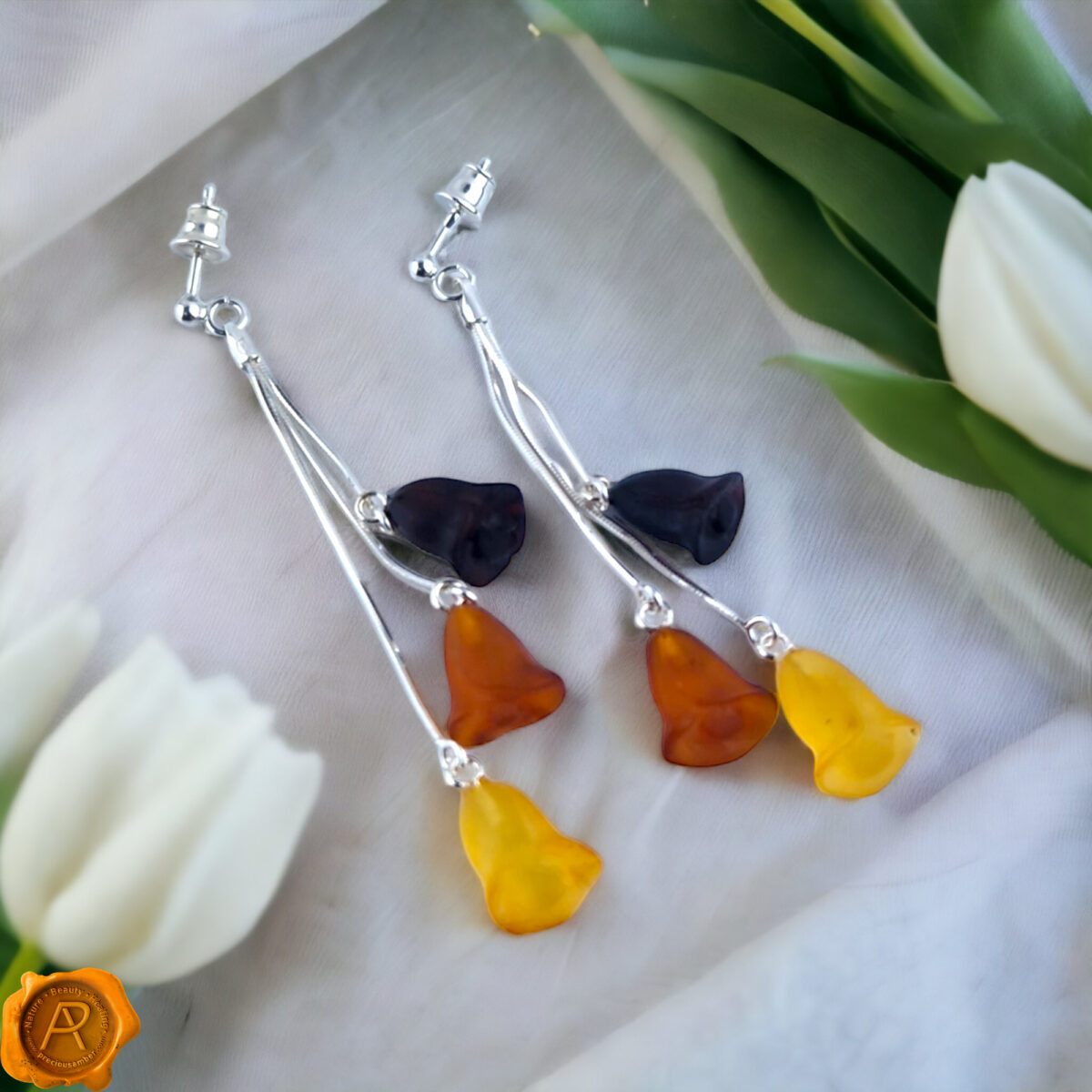 Tulip Gemstone Baltic Amber Teardrop Earrings | Flower Drop Amber Earrings | Teardrop Sterling Silver Jewellery Amber Flower Gift Earrings
