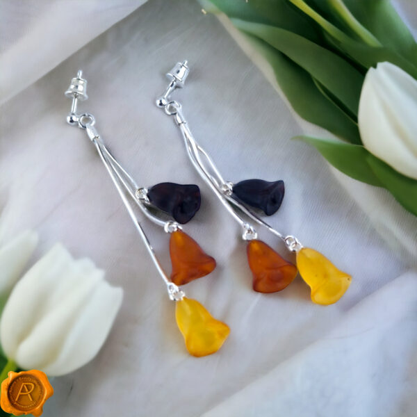 Tulip Gemstone Baltic Amber Teardrop Earrings | Flower Drop Amber Earrings | Teardrop Sterling Silver Jewellery Amber Flower Gift Earrings