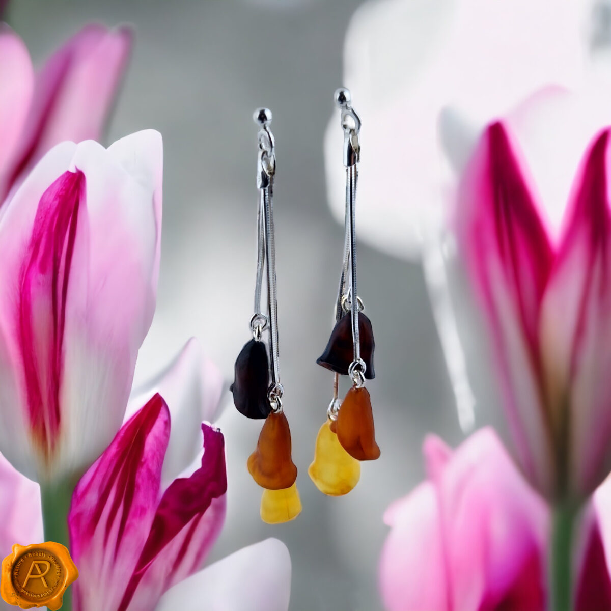 Carved Amber Tulip Swing Earrings - Image 3