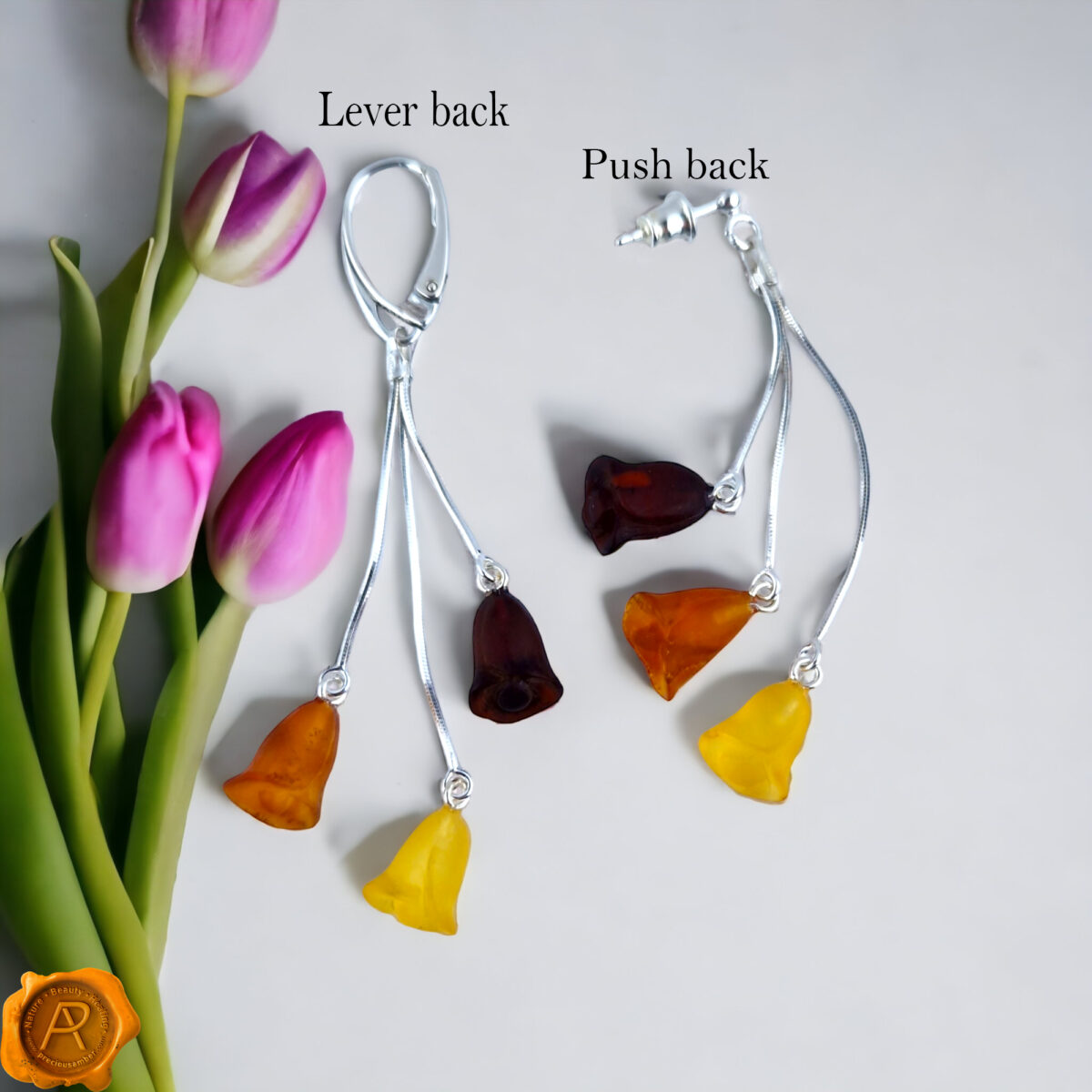 Tulip Gemstone Baltic Amber Teardrop Earrings | Flower Drop Amber Earrings | Teardrop Sterling Silver Jewellery Amber Flower Gift Earrings