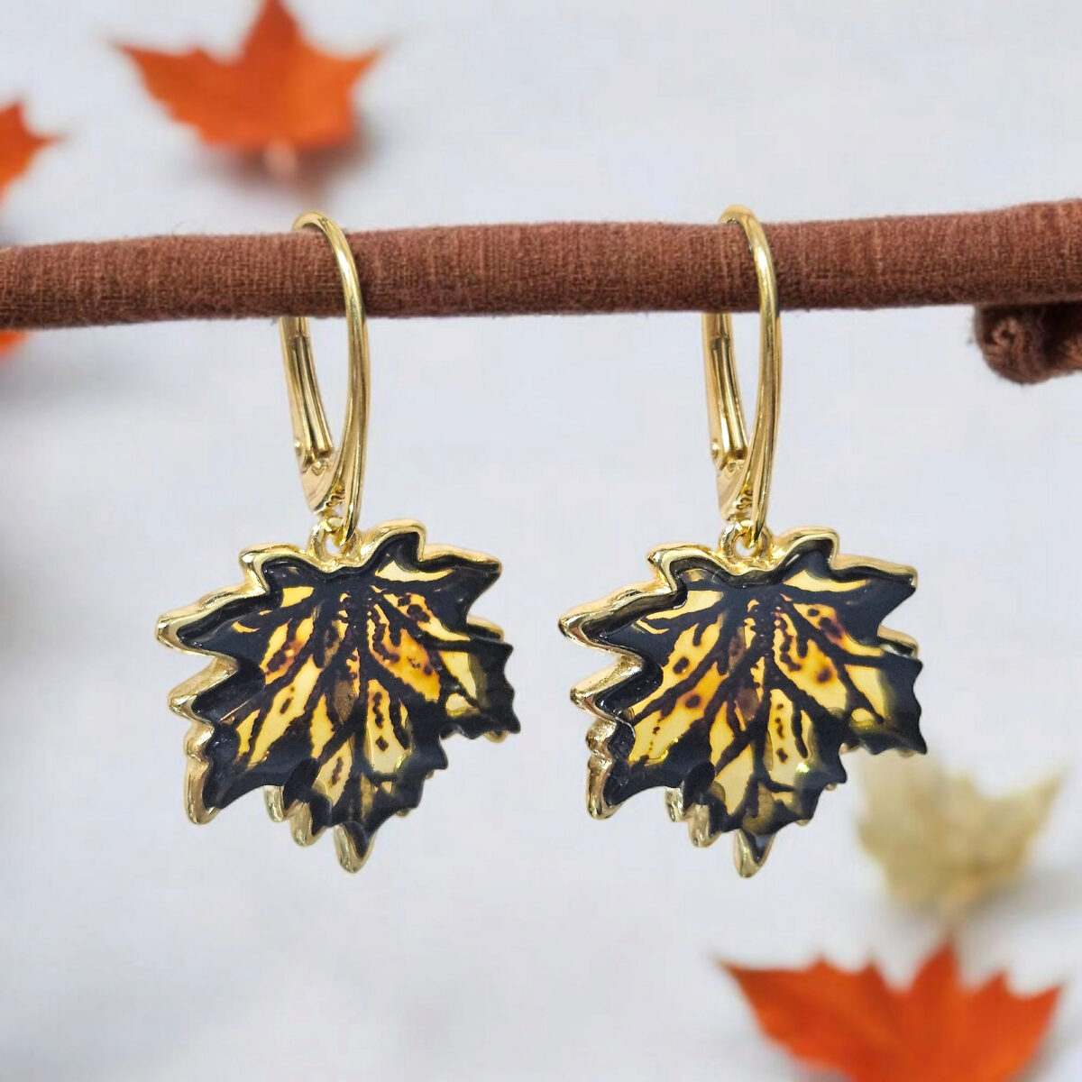 Carved Amber Maple Leaf Gold Earrings - Image 2