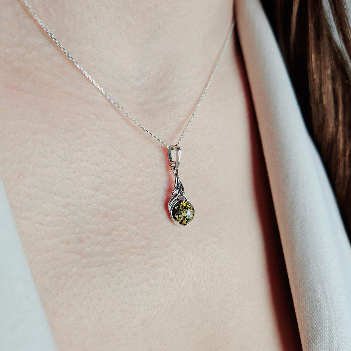 Green Natural Amber Silver Teardrop Pendant Charm, Small Vintage Sterling Silver Drop Gemstone Necklace Dainty Green Stone Jewelry Gift