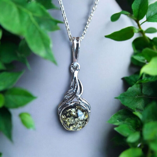 Green Natural Amber Silver Teardrop Pendant Charm, Small Vintage Sterling Silver Drop Gemstone Necklace Dainty Green Stone Jewelry Gift