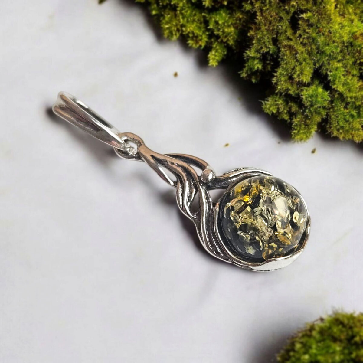 Green Natural Amber Silver Teardrop Pendant Charm, Small Vintage Sterling Silver Drop Gemstone Necklace Dainty Green Stone Jewelry Gift