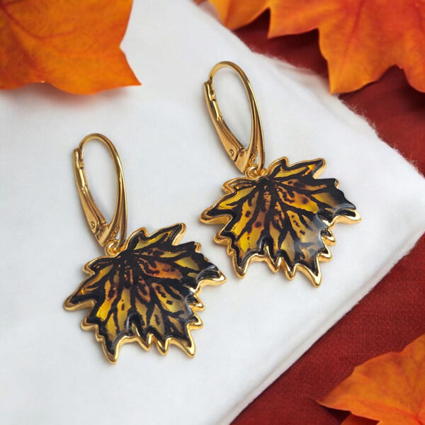 Maple Leaf Gemstone Gold Baltic Amber Teardrop Autumn Earrings Drop, Large Teardrop Silver Jewelry Natural Amber Dainty Leaf Art Gift Women