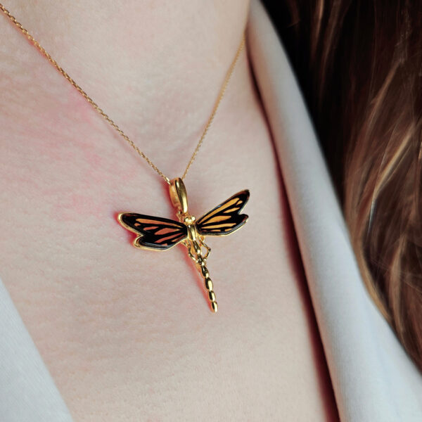 Dragonfly Natural Baltic Amber Gold Silver Teardrop Drop Pendant Necklace, Dragonfly Lover Gifts, Large Dragonfly Charm Jewelry Gift