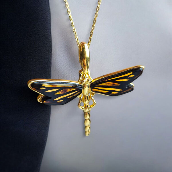 Dragonfly Natural Baltic Amber Gold Silver Teardrop Drop Pendant Necklace, Dragonfly Lover Gifts, Large Dragonfly Charm Jewelry Gift