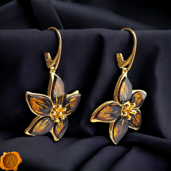 CARVED Baltic Amber Flower Earrings Gold, Chunky Flowers Teardrop Gemstone Art Gift Women, Large Drop Amber Silver Natural Amber Jewelry